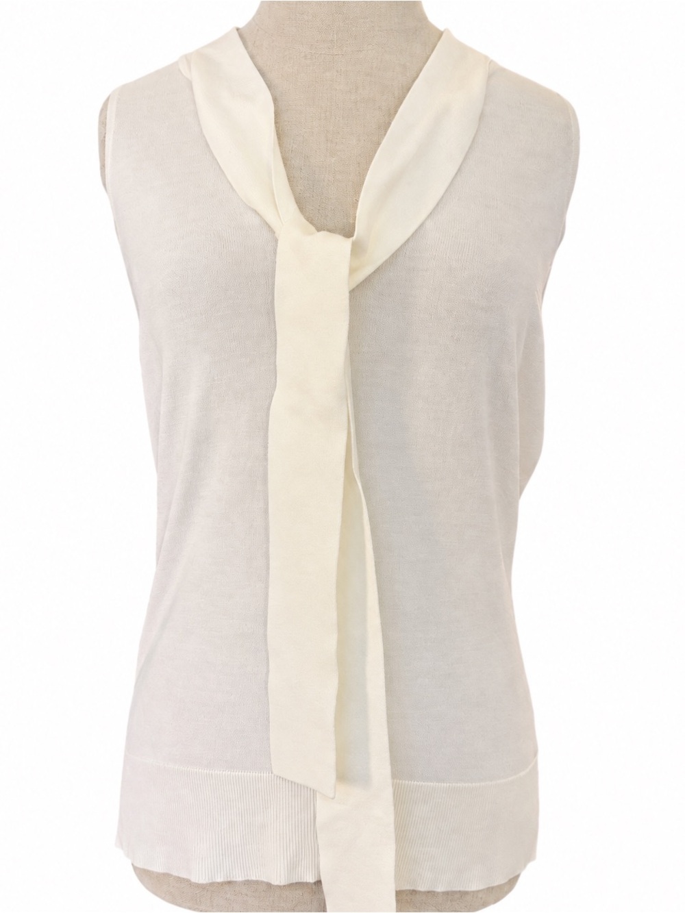 Milly Tie Neck Sleeveless Sweater Large Cream Ivory Knit Shell Top
